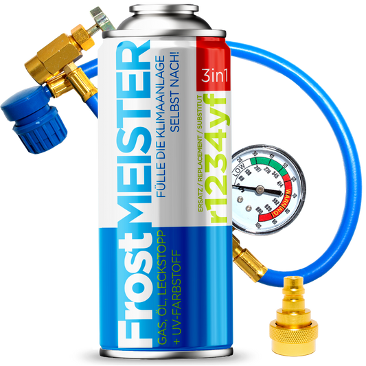 FrostMEISTER 3-in-1 R134a/R1234yf - SET voor zelf bijvullen van auto-airconditioning met afdichtmiddel 400 ml