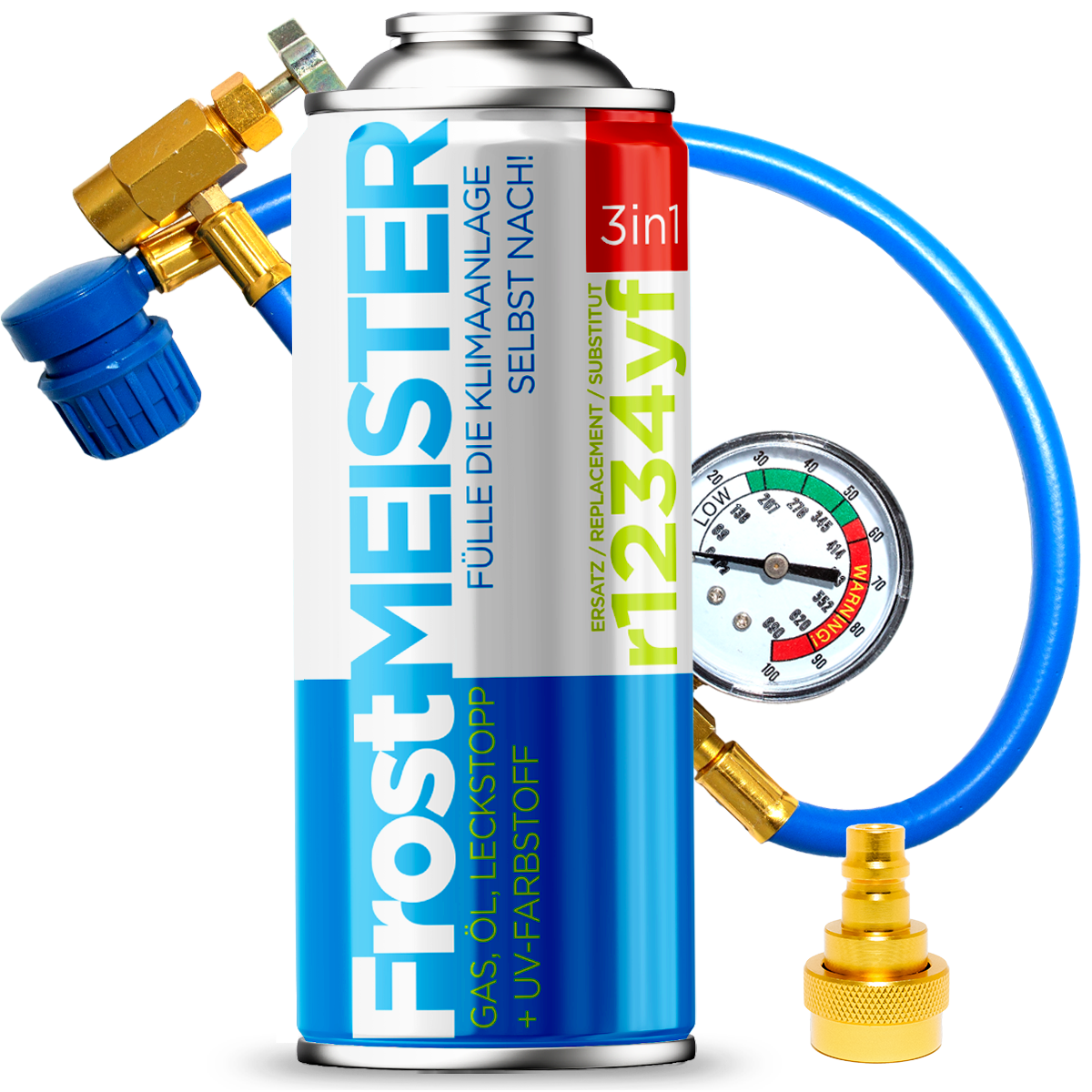 FrostMEISTER 3 en 1 R134a/R1234yf - KIT para recarga de aire acondicionado de coche con sellador 400 ml