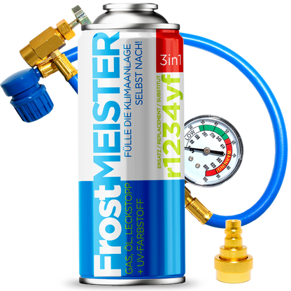FrostMEISTER 3 en 1 R134a/R1234yf - KIT para recarga de aire acondicionado de coche con sellador 400 ml