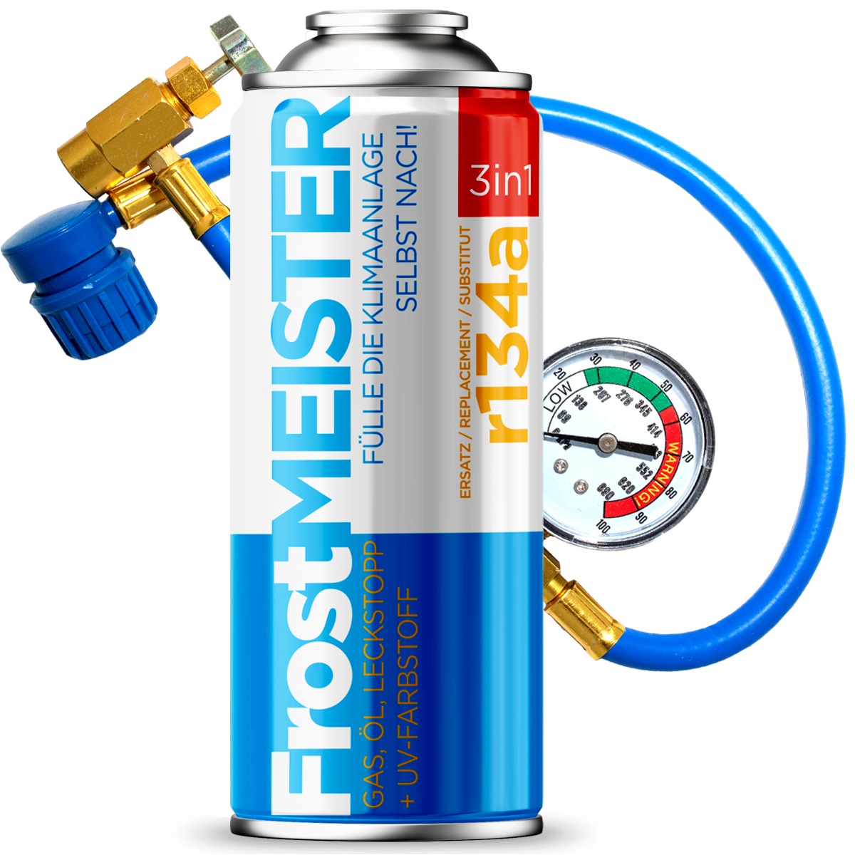 FrostMEISTER 3 en 1 R134a/R1234yf - KIT para recarga de aire acondicionado de coche con sellador 400 ml