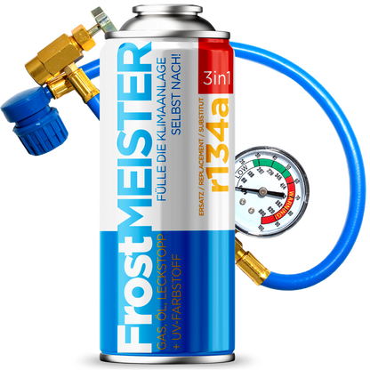 FrostMEISTER 3 en 1 R134a/R1234yf - KIT para recarga de aire acondicionado de coche con sellador 400 ml