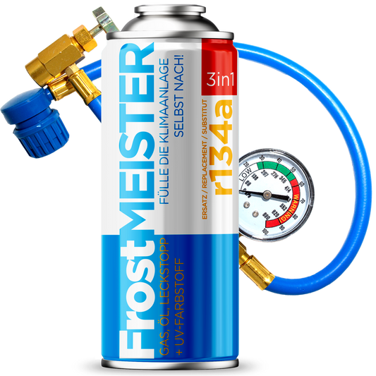 FrostMEISTER 3in1 R134a/R1234yf - KIT zum selbstständigen Befüllen von Autoklimaanlagen mit Dichtmittel 400 ml